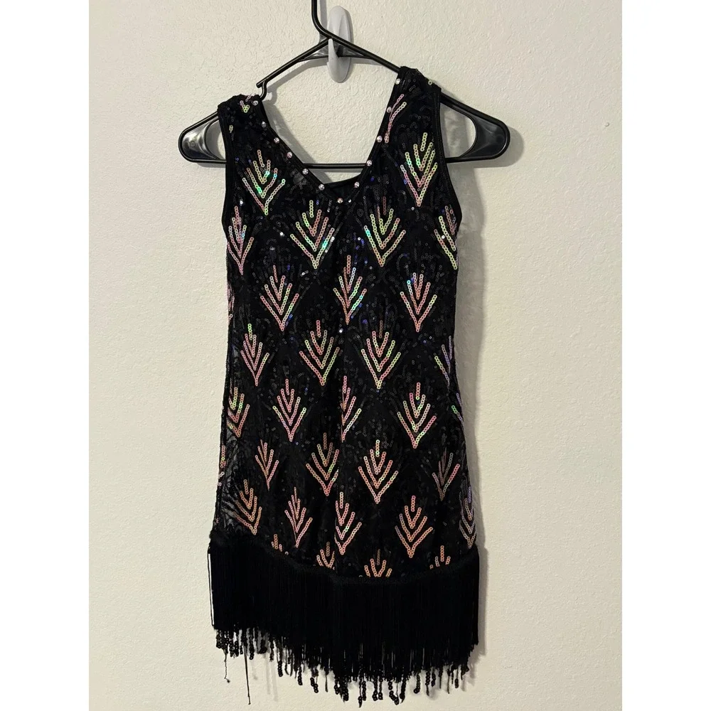 Weissman LC Black Iridescent Sequin Fringe Flapper Dance Costume